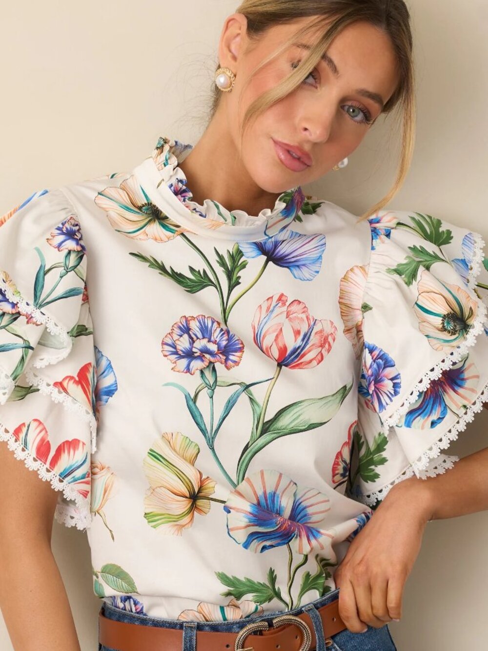 Prosperina Blair Ivory Multi Floral Print Cotton Ruffle Top Size XS (Small) NWT